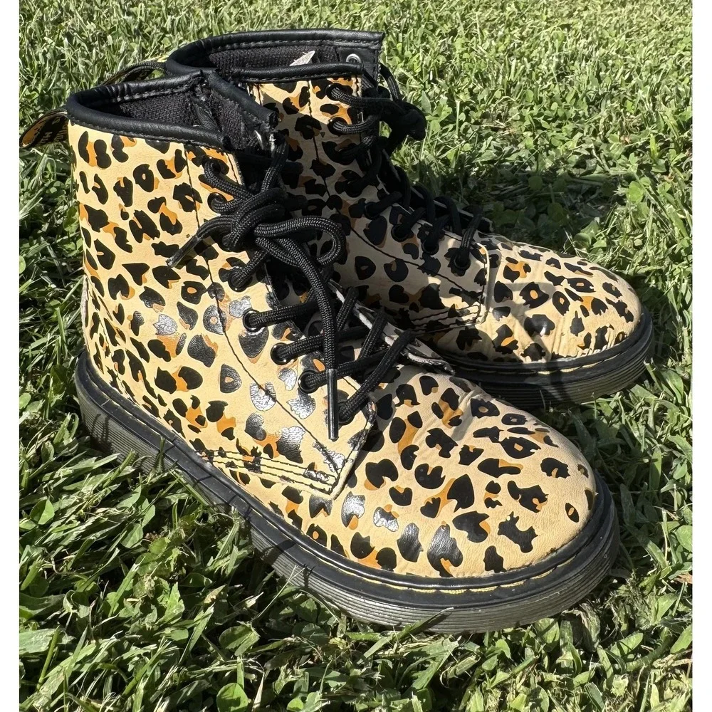 Dr. Martens 1460 J Boots Kids Size 2 Beige Leopard Combat Zip Leather Girls Boys